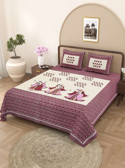 100% Pure Cotton Traditional Printed Bedsheet for Double Bed King Size Bedsheet with 2 Pillow Covers