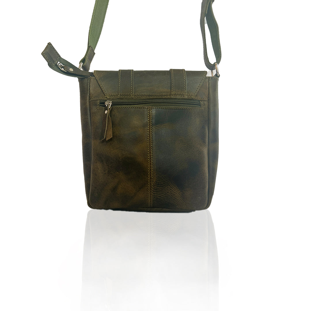 Craftshades -9 inches Green Colour Double Strip Buffalo Leather Sling Bag | 100% Genuine Leather