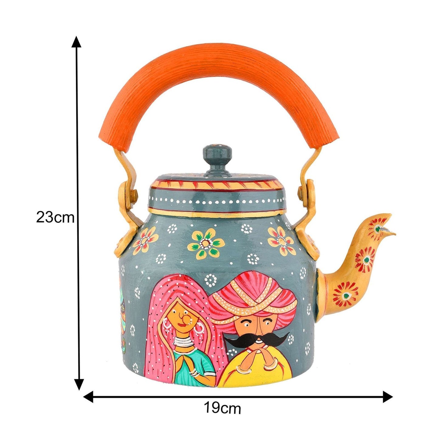 Aluminium Hand-Painted Hand-Painted Rajasthani Couple Design Tea Kettle - 750 ml