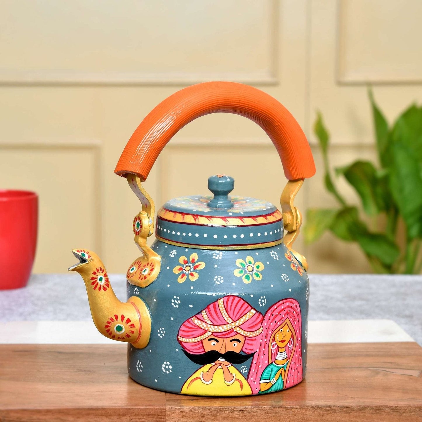 Aluminium Hand-Painted Hand-Painted Rajasthani Couple Design Tea Kettle - 750 ml