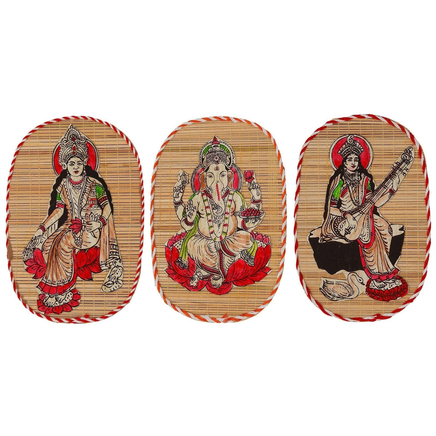 Bamboo Hand Crafted Wall Hangings Of The Trio Of Ganesh Ji, Laxmi Ji And Sarwasti Ji Painting For Home D?cor