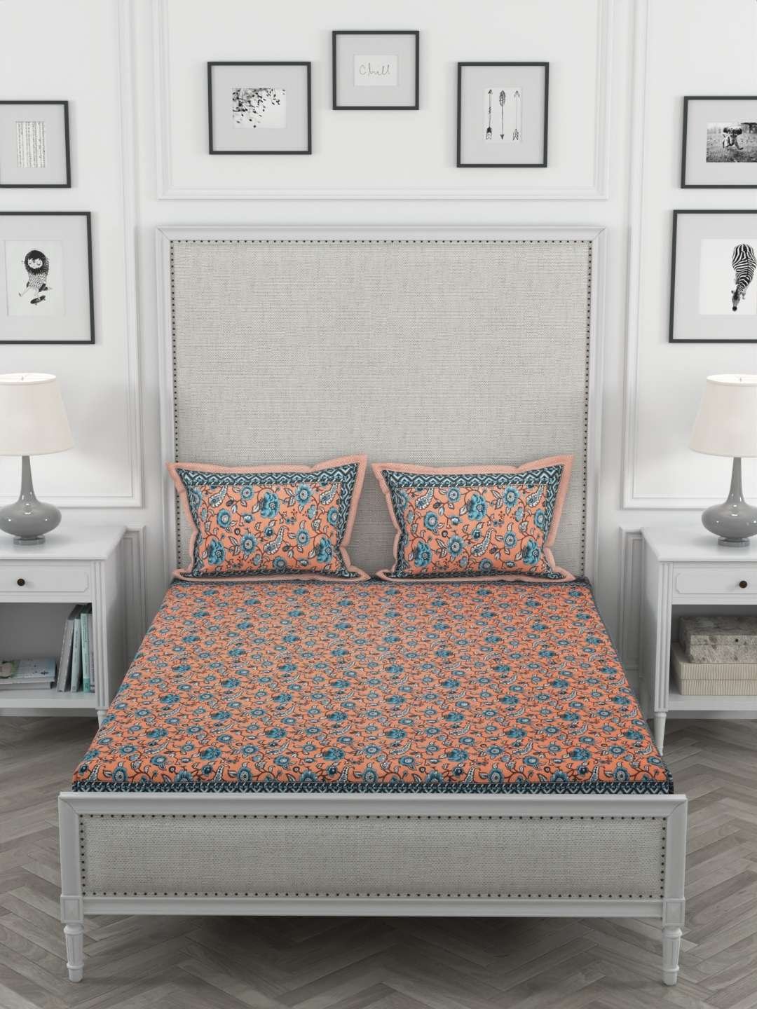 100% Pure Cotton Traditional Printed Bedsheet for Double Bed King Size Bedsheet with 2 Pillow Covers
