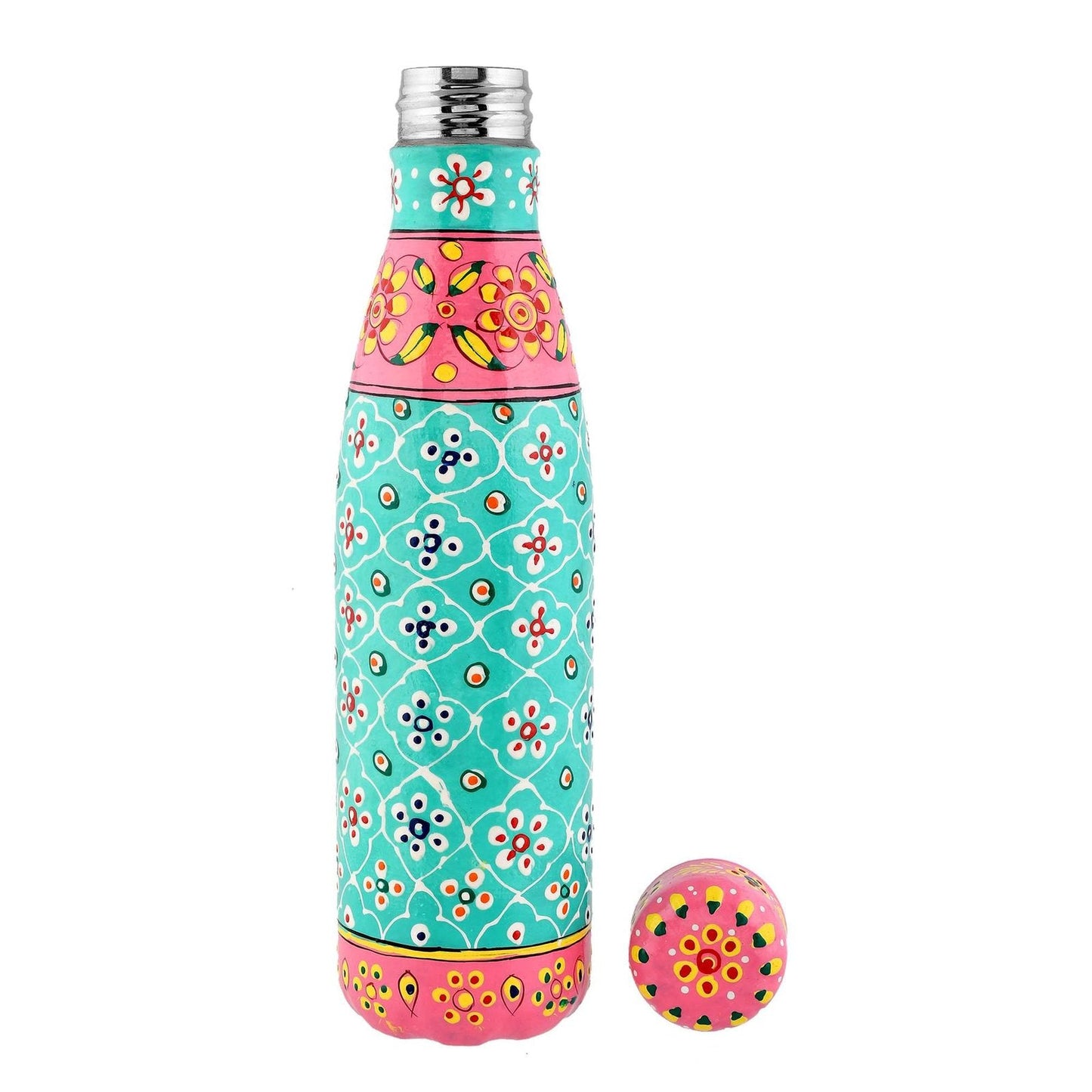 Premium Hand-Painted Pink & Teal Aluminium Water Bottle Flask with Floral Design