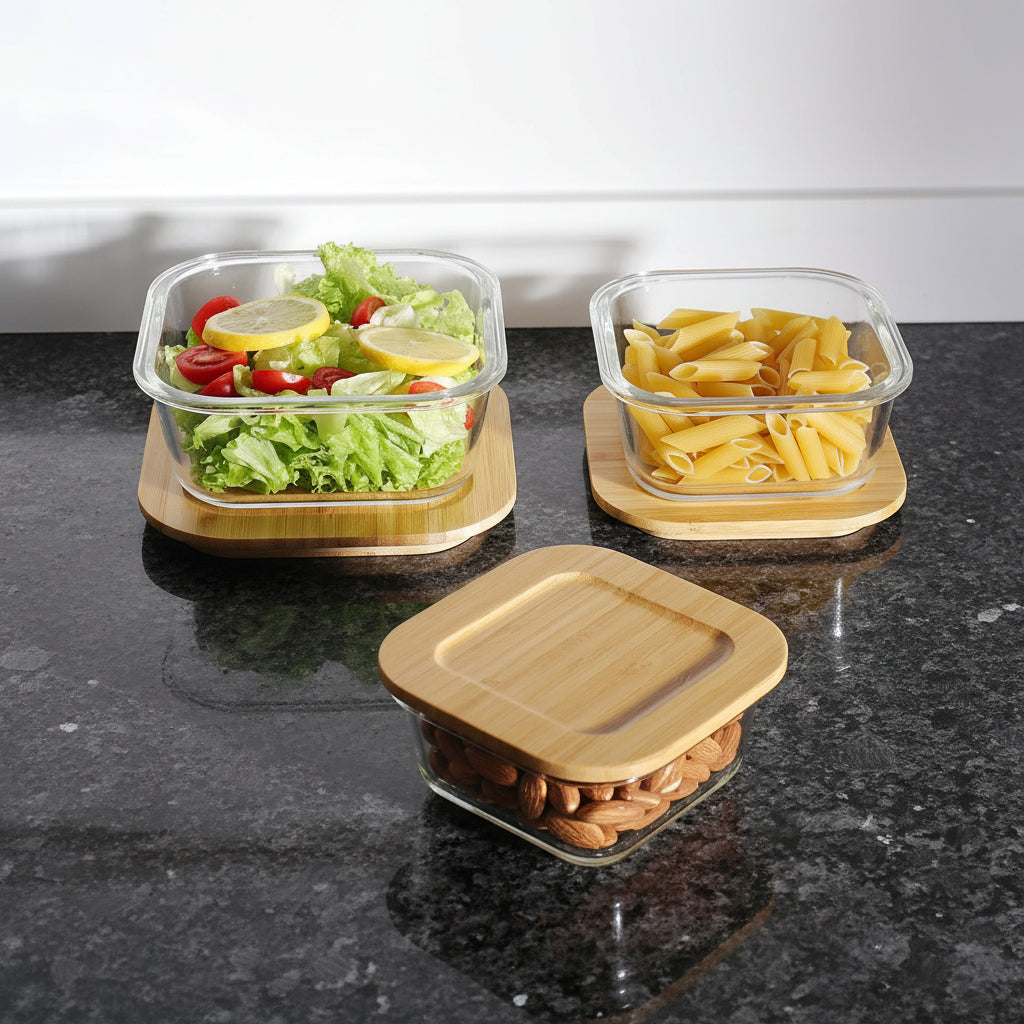 The Better Home Zest Series Borosilicate Food Containers with Bamboo Lid | 3pcs 320ml 520ml 800ml