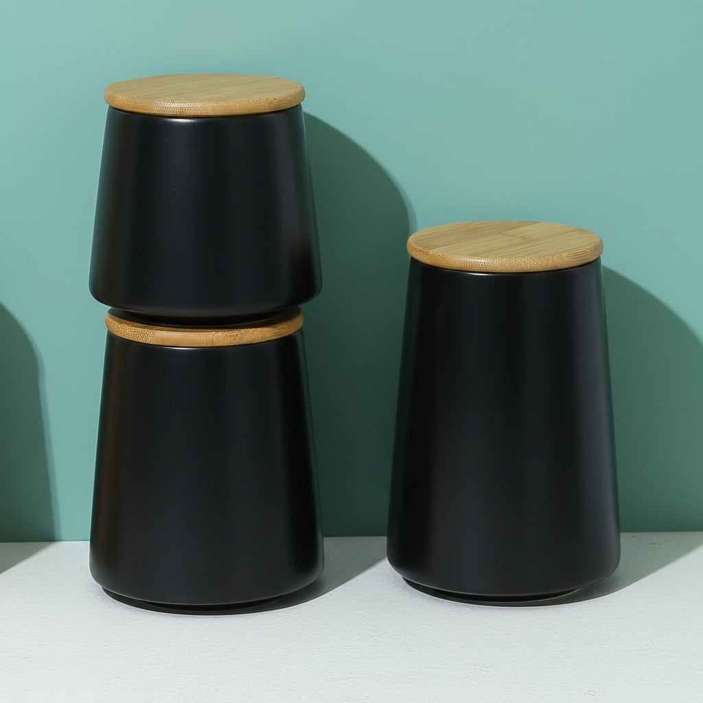 UMAI 3pcs Ceramic Jar Set | 500ml 700ml 850ml | Bamboo Lid & Tray | Black