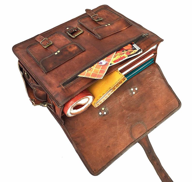 Craftshades – 11*15 Inch Double Pocket Handcrafted Vintage Messenger Goat Leather Bag For Men | 100% Genuine Leather