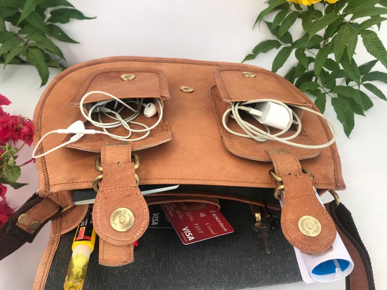 CraftShades -9*11 Inch cross body double pocket sling goat leather bag for boys & girls