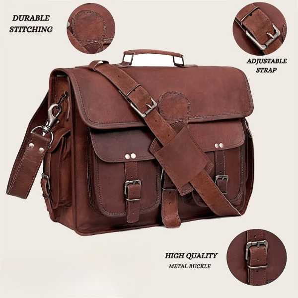 Craftshades – 11*15 Inch Double Pocket Handcrafted Vintage Messenger Goat Leather Bag For Men | 100% Genuine Leather