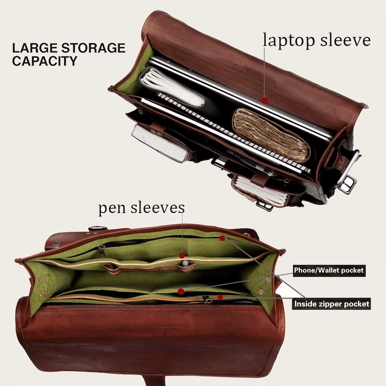 Craftshades – 11*15 Inch Double Pocket Handcrafted Vintage Messenger Goat Leather Bag For Men | 100% Genuine Leather