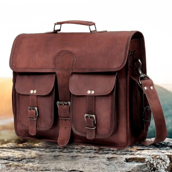 Craftshades – 11*15 Inch Double Pocket Handcrafted Vintage Messenger Goat Leather Bag For Men | 100% Genuine Leather