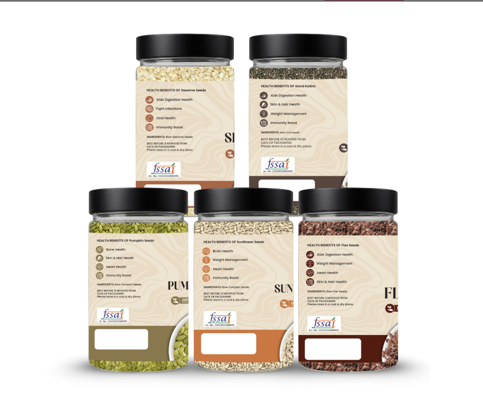 Nutri Hut Seeds Combo - Flax, Sesame, Pumpkin & Sunflower Seeds, Sabja Seeds