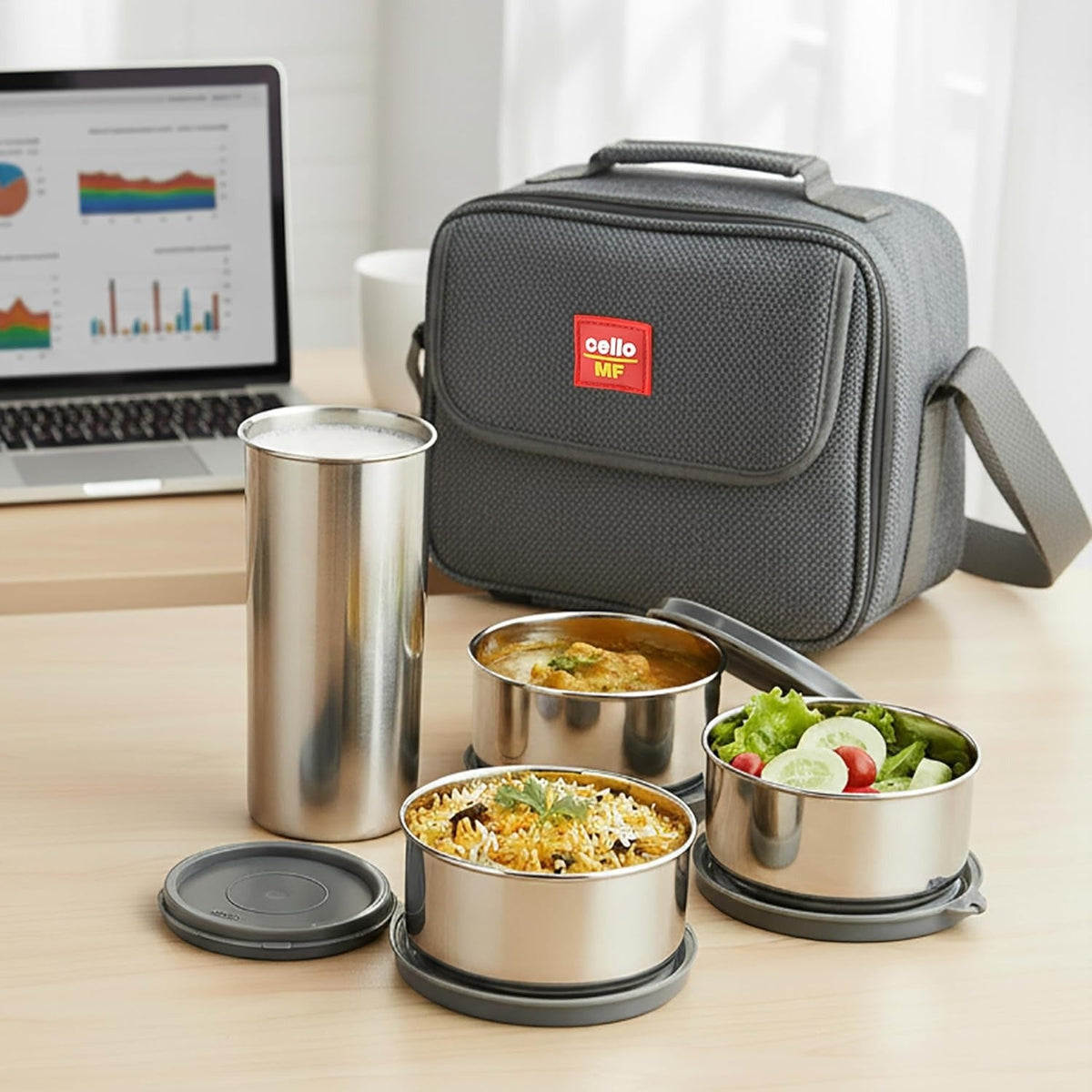 CELLO MF Fab Lunch Box with Bag for Office Use, Grey