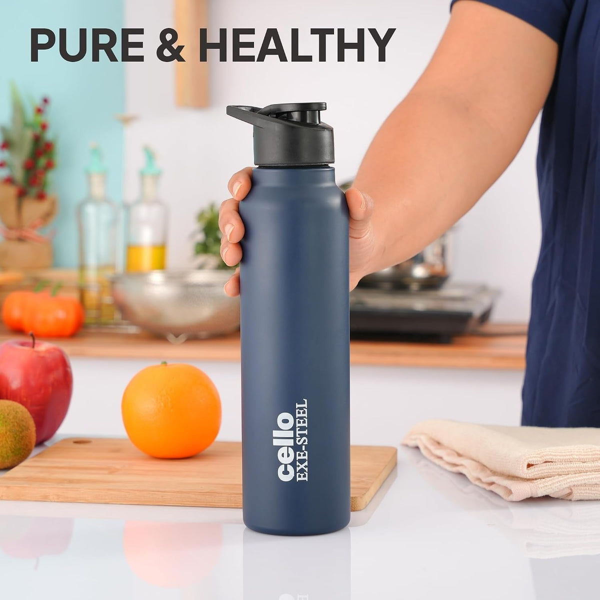 CELLO Crysta Flip Stainless Steel Water Bottle 1000 ml, Navy Blue