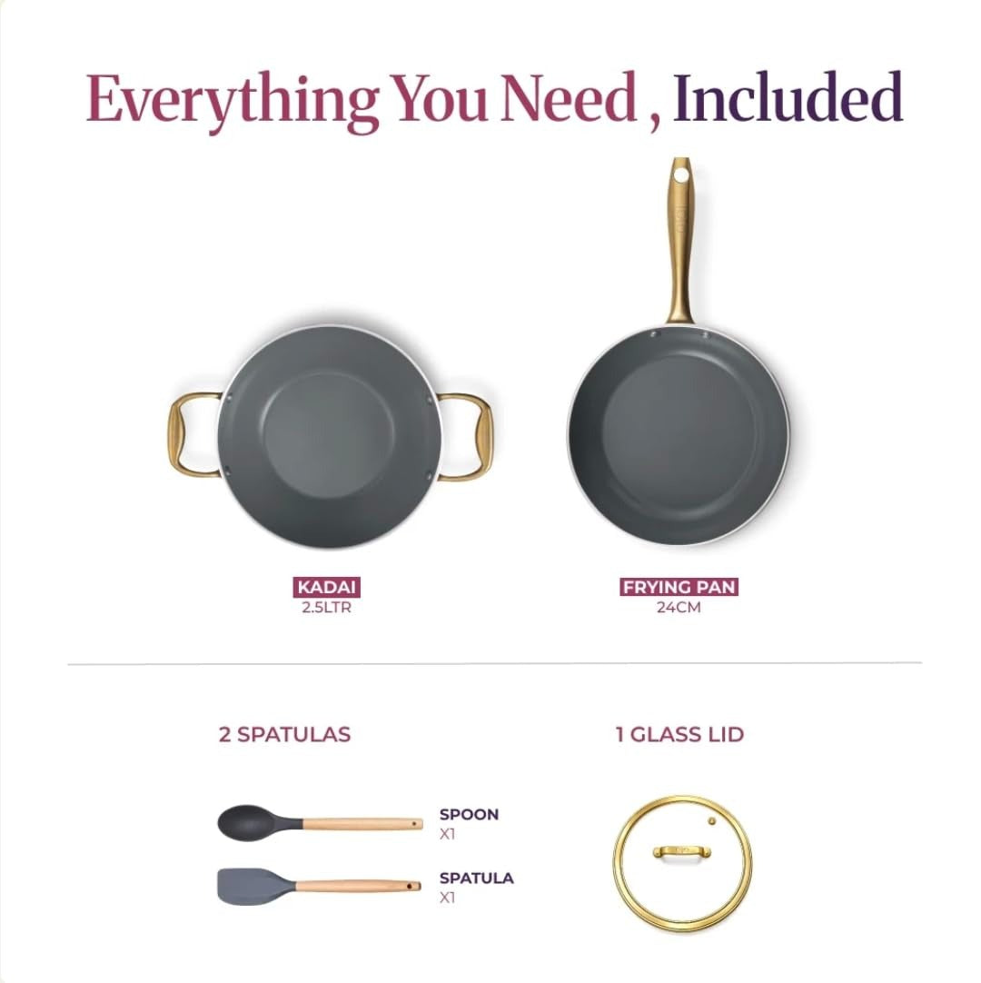 Asai Ceramic Non Stick 3 Pc Cookware Set | Frying Pan (24cm), Kadai (2.5L) + Lid, Free Spatula & Spoon