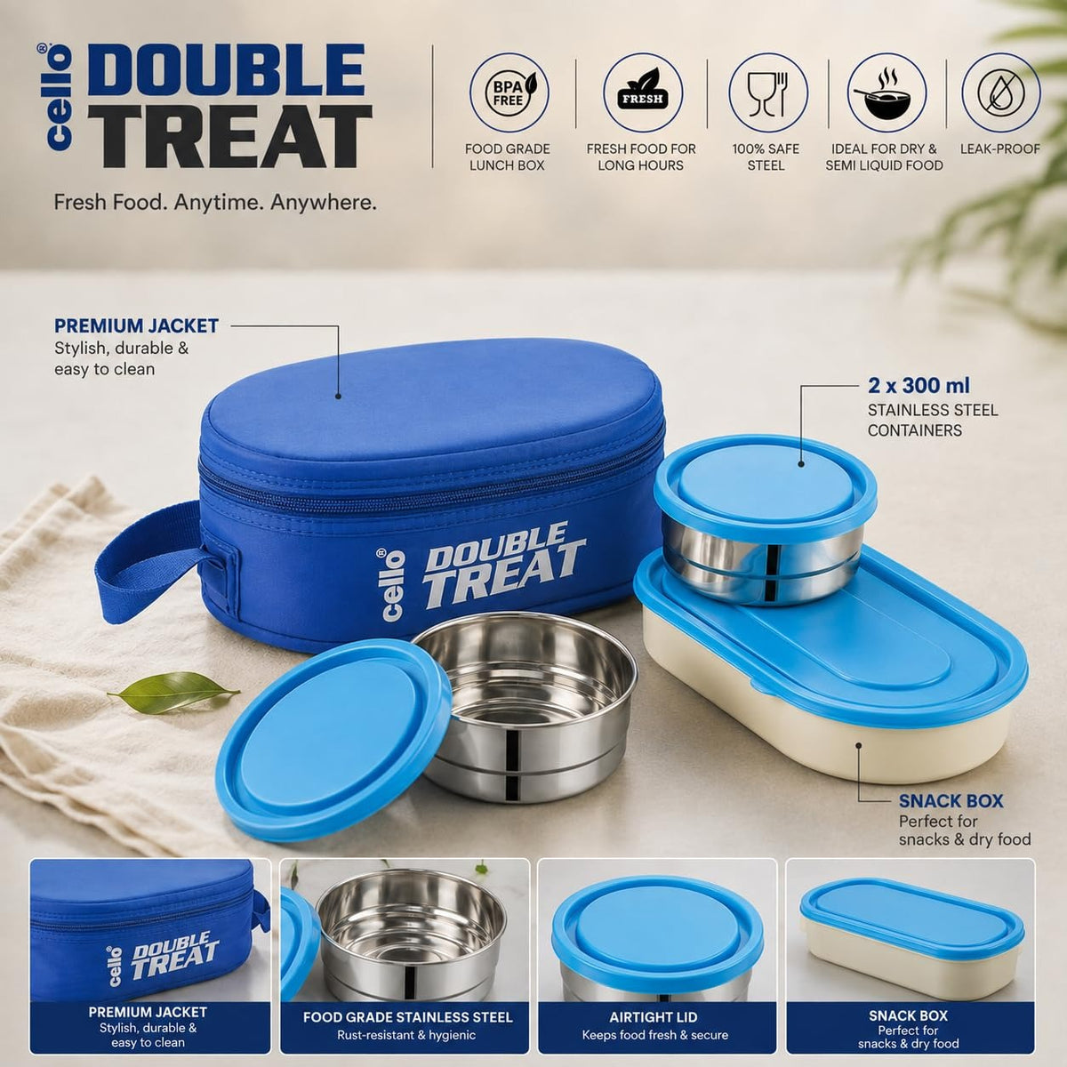 CELLO Double Treat Set of 3 Pcs Lunch Box for Office Use with Jacket Blue