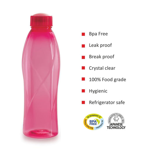 CELLO Texas PET Bottle | Leak Proof and Break Proof 1 Litre, Set of 6 - Pink