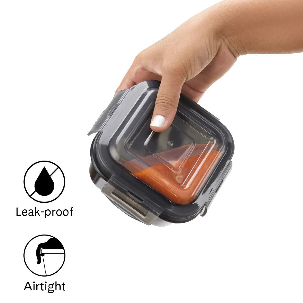Borosil Larah ColorMate Universal Lunch Box Black Set of 4 (320ml x 2 + 240ml x 2)