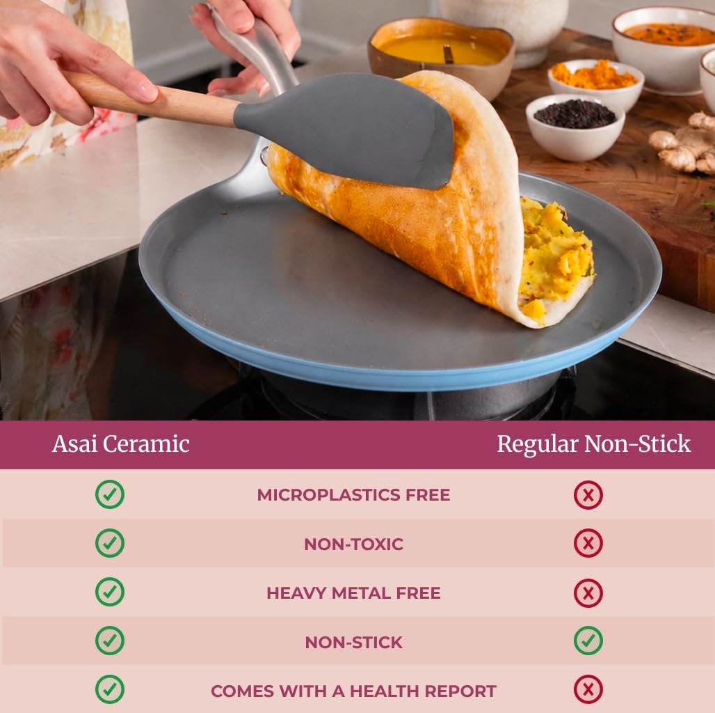 Asai Ceramic Non Stick 3 Pc Cookware Set | Frying Pan (24cm) + Lid, Dosa Tawa (28cm)