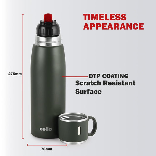CELLO Duro Cup Style Thermosteel Flask, 750ml, Military Green