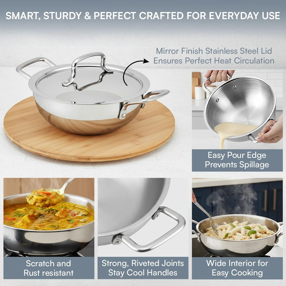 Kraft Futuretec Triply Stainless Steel Extra Deep Kadai Induction Friendly 1.1L