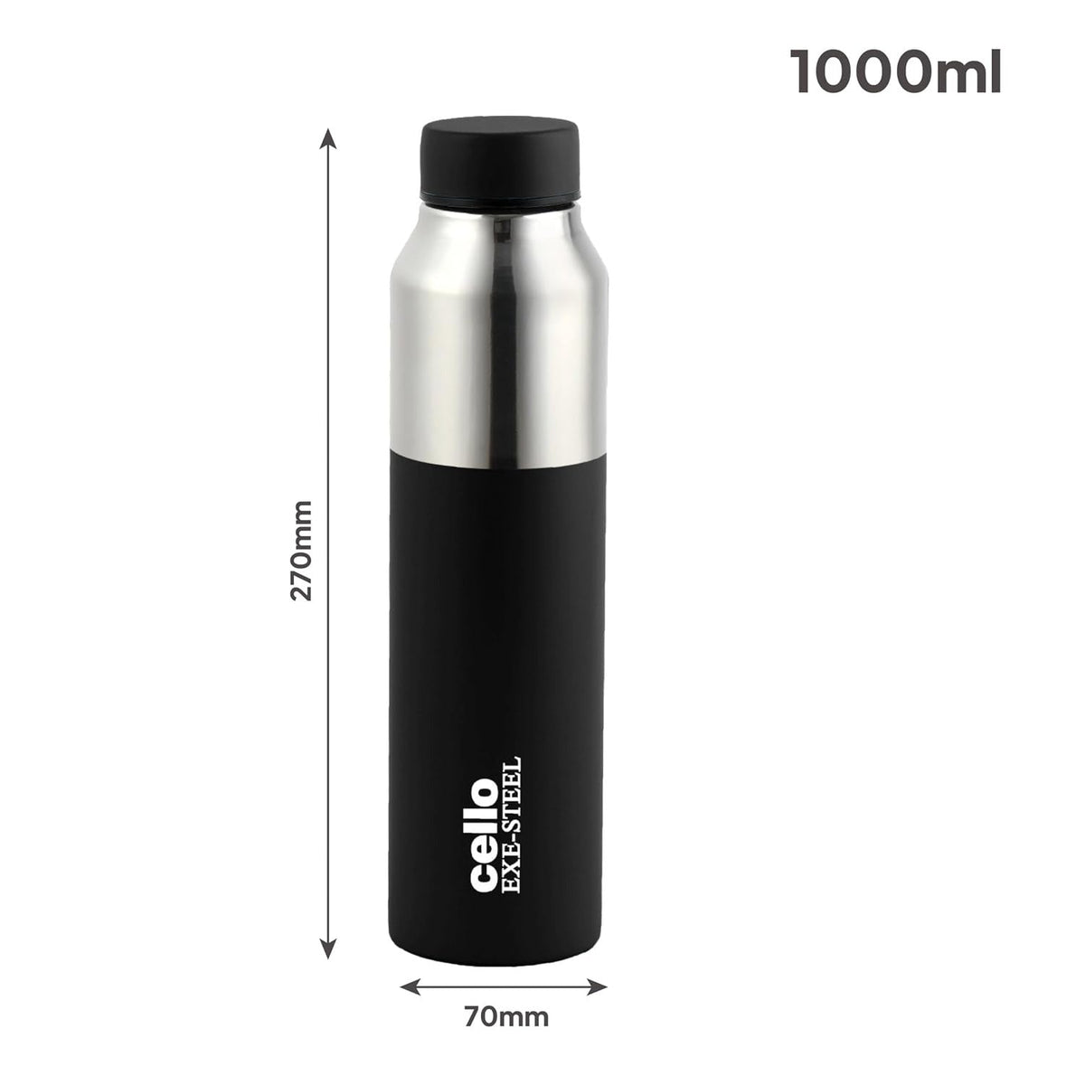 CELLO Arctic Stainless Steel Water Bottle for Office & Daily Use 1000 ml Black