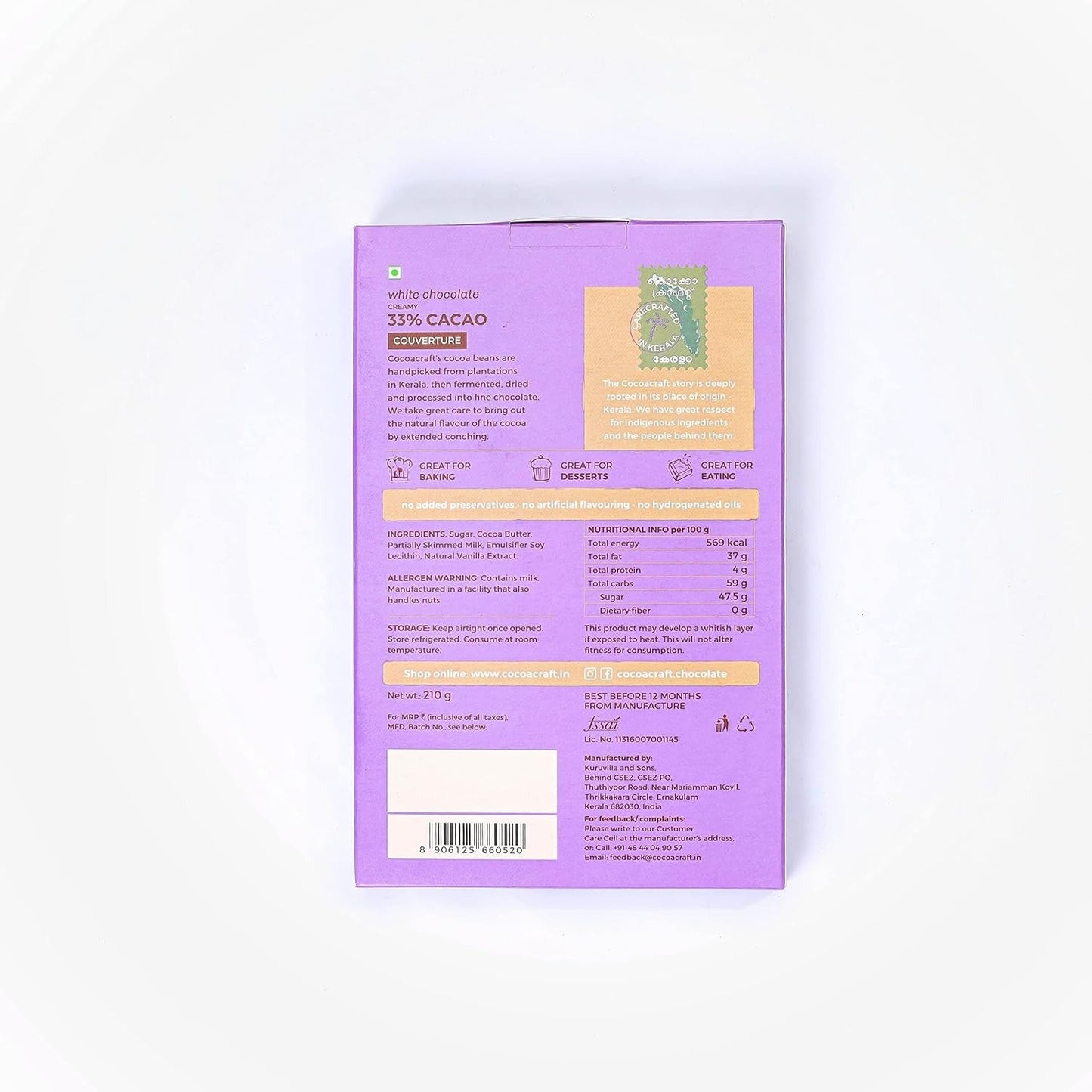 Cocoacraft 33% White Chocolate Couverture White Chocolate Baking Bar