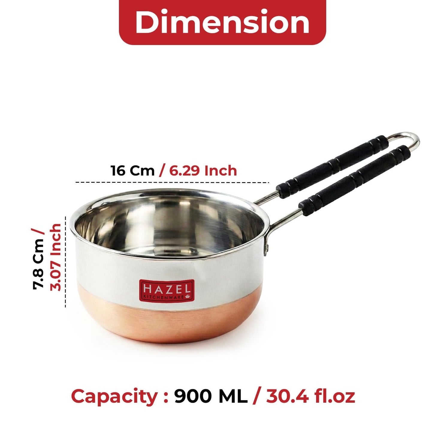 HAZEL Copper Bottom Sauce Pan| Stainless Steel Cookware with Copper Bottom - 900 ml