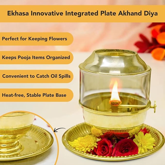 Ekhasa Pure Brass Akhand Jyot Diya with Adjustable Bati Knob Wick Lifting Screw Lever Glass Cover Large with Plate