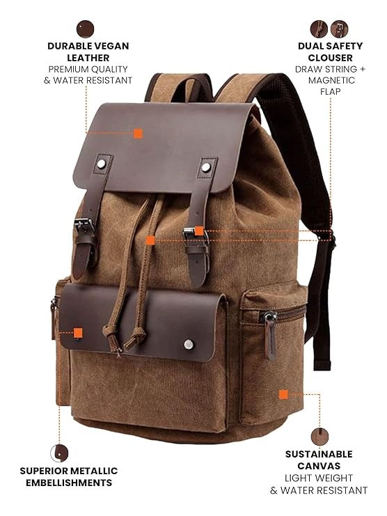 FUR JADEN Eco Friendly Travel Laptop Backpack Made of Water Resistant Sustainable Canvas and Vegan Leather for Men and Women for Travel Hiking Work