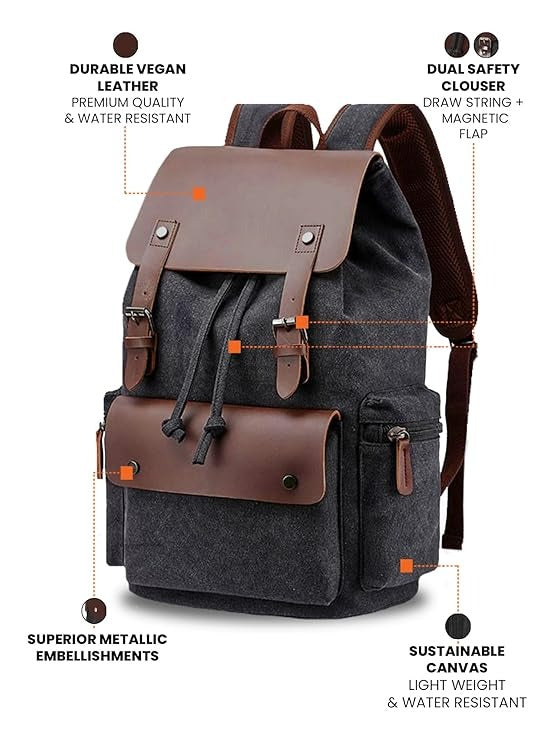 FUR JADEN Eco Friendly Travel Laptop Backpack Made of Water Resistant Sustainable Canvas and Vegan Leather for Men and Women for Travel Hiking Work