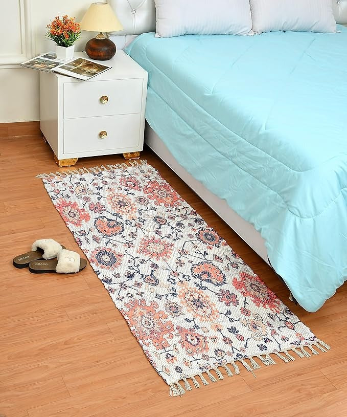 Homadorn Handmade Sustainable Printed Modern Dhurrie/Rugs/Carpet Colour Blue Cream