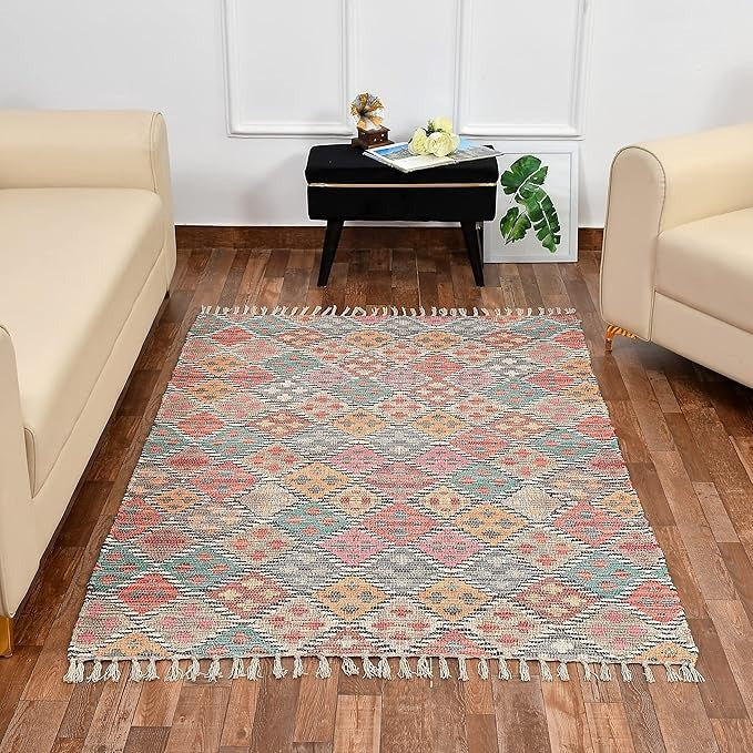 Homadorn Handmade Sustainable Printed Modern Dhurrie/Rugs/Carpet Colour Multicolour