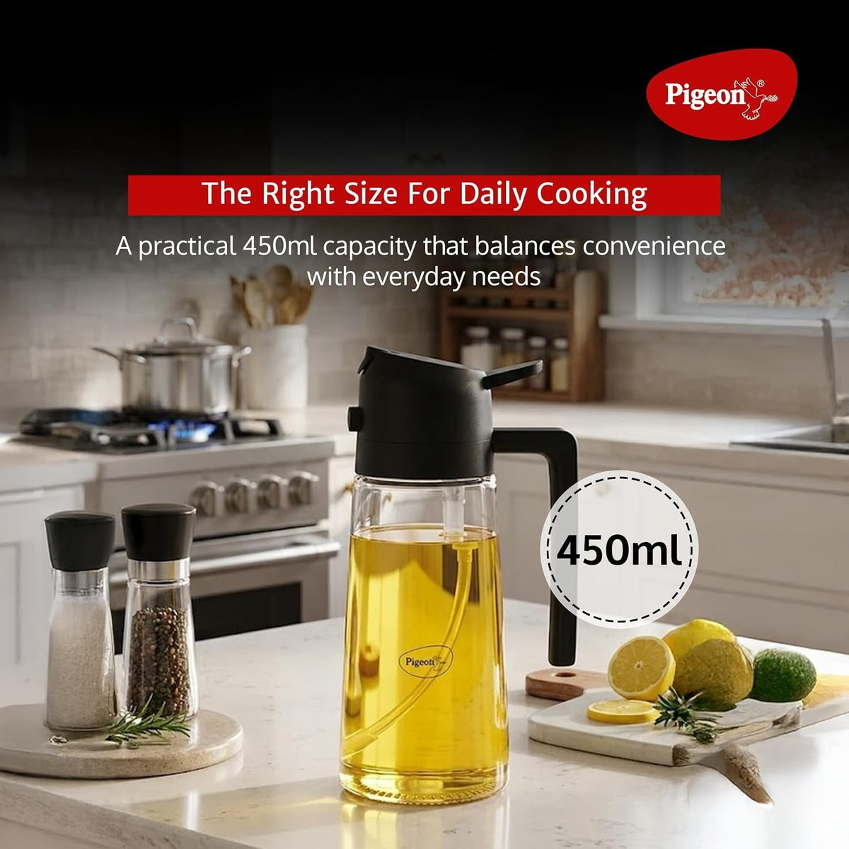 Pigeon Glass Oil Sprayer and Dispenser Bottle for Cooking, 450 ml Capacity, Black