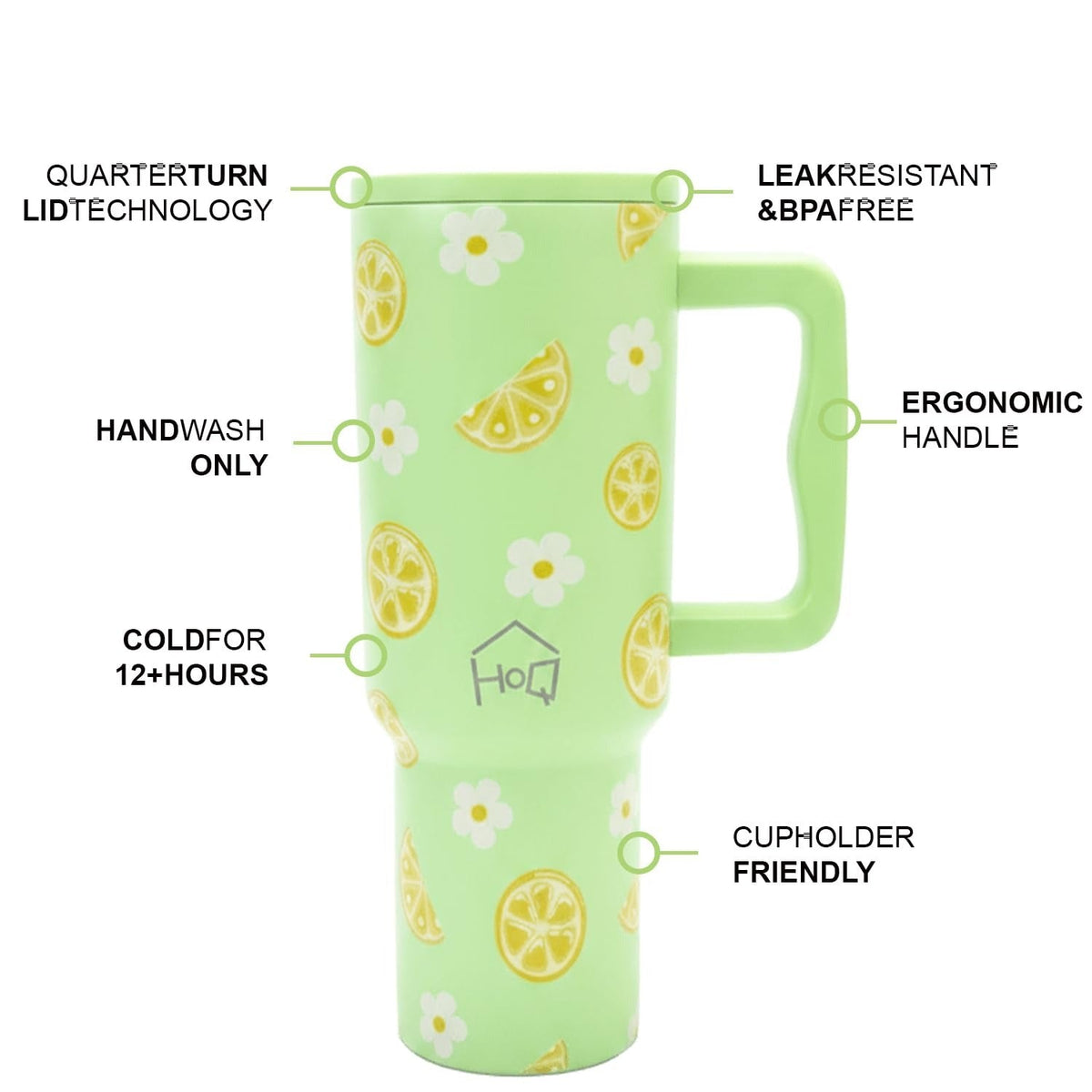 House of Quirk 1200ML Stainless Steel Tumbler with Handle & Lid - Green Lemon