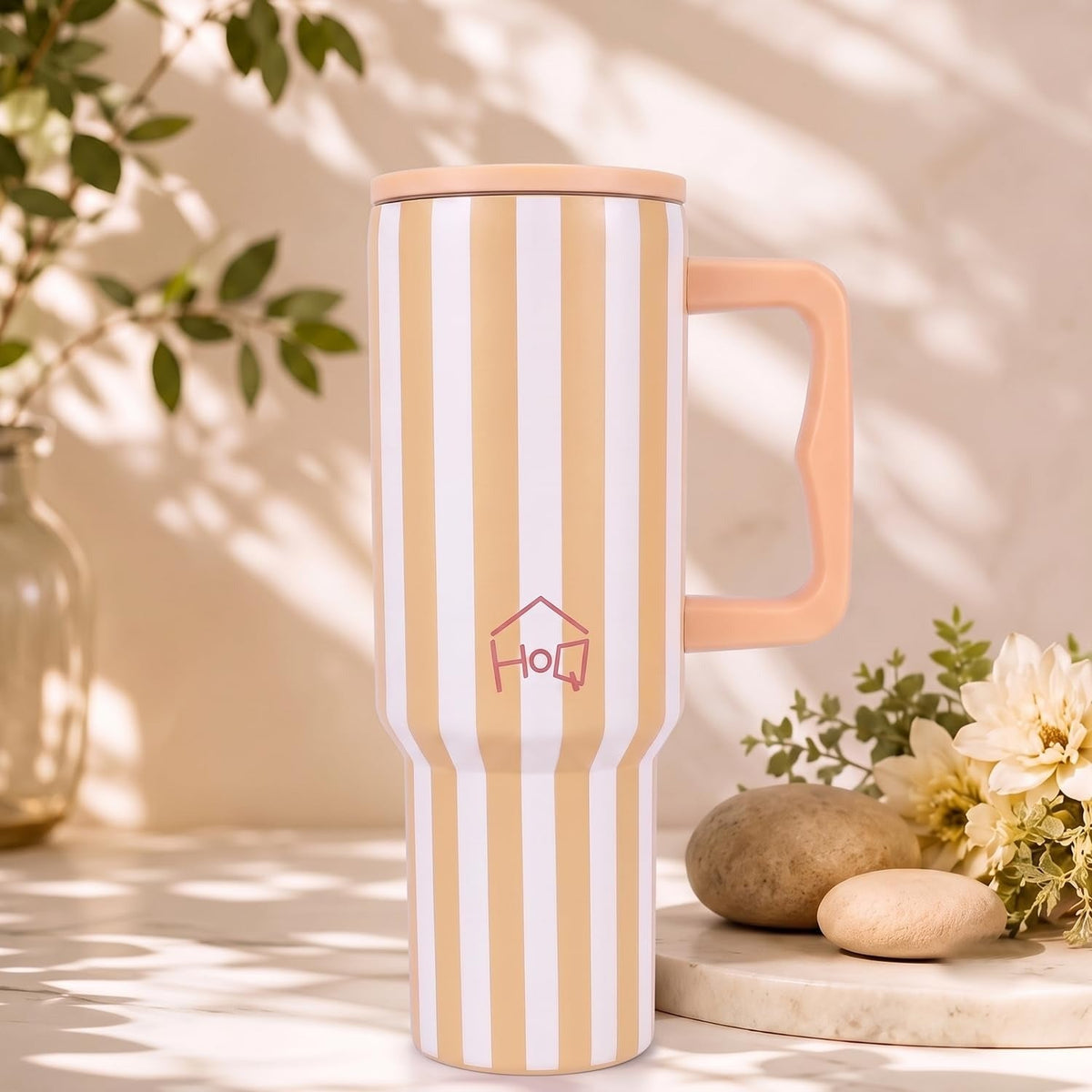 House of Quirk 1200ML Stainless Steel Tumbler with Handle & Lid - Butter Stripe