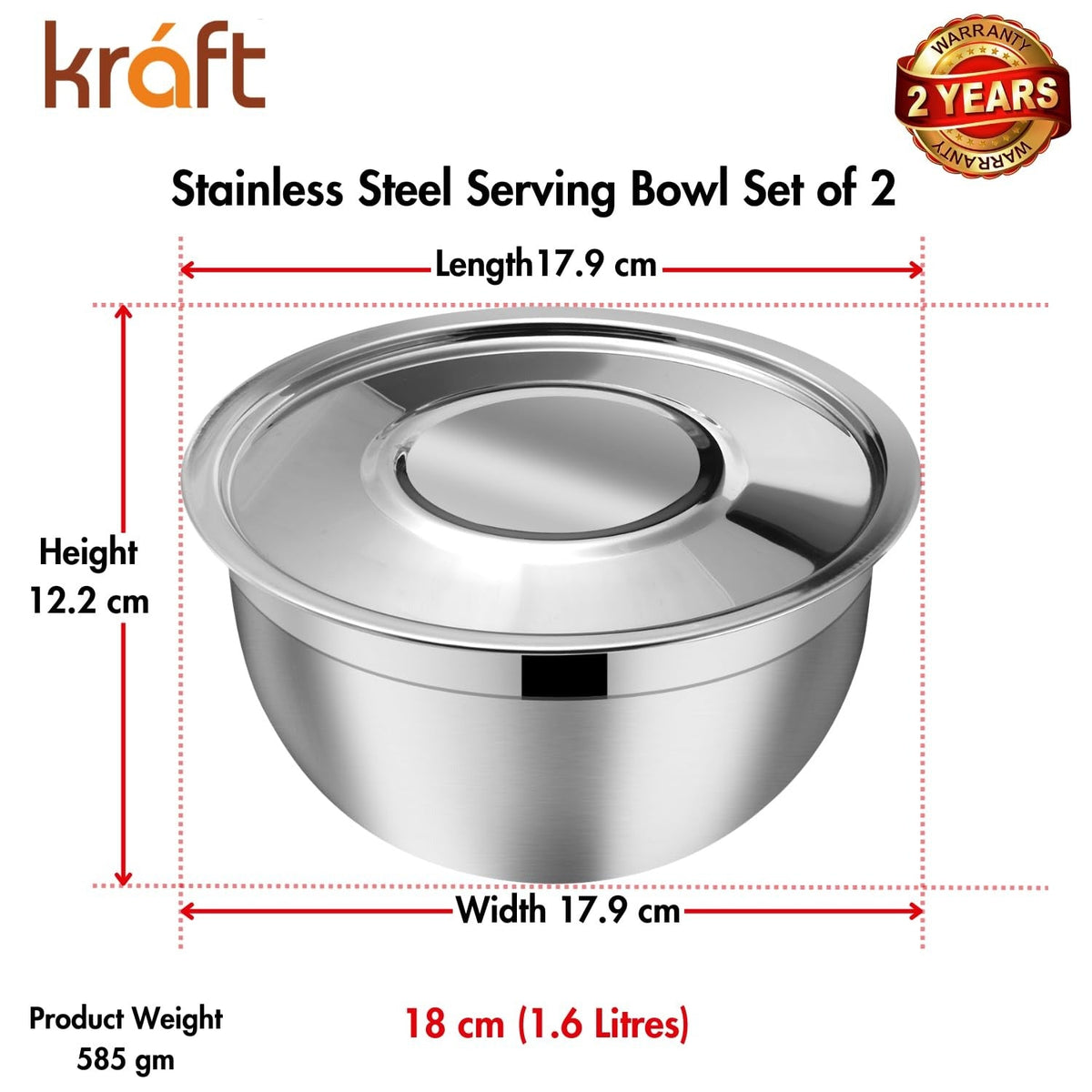 Kraft Stainless Steel Serving Bowl with Lid Set of 2 pcs - 18cm