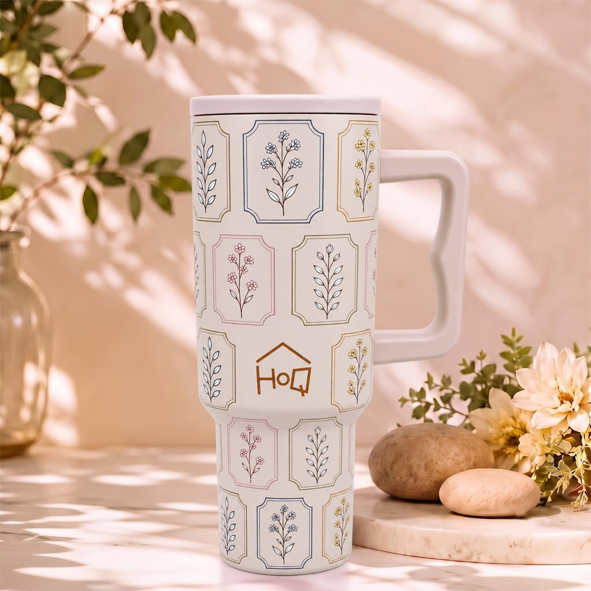 House of Quirk 1200ML Stainless Steel Tumbler with Handle - Oat Flora