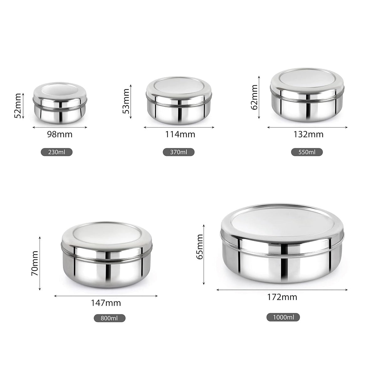 Cello Steelox SmartServe Stainless Steel Food Storage Dabba 230ml, 370ml, 550ml, 800ml, 1000ml