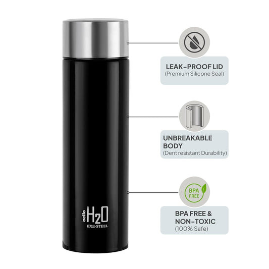 Cello H2O Stainless Steel Water Bottle - Black
