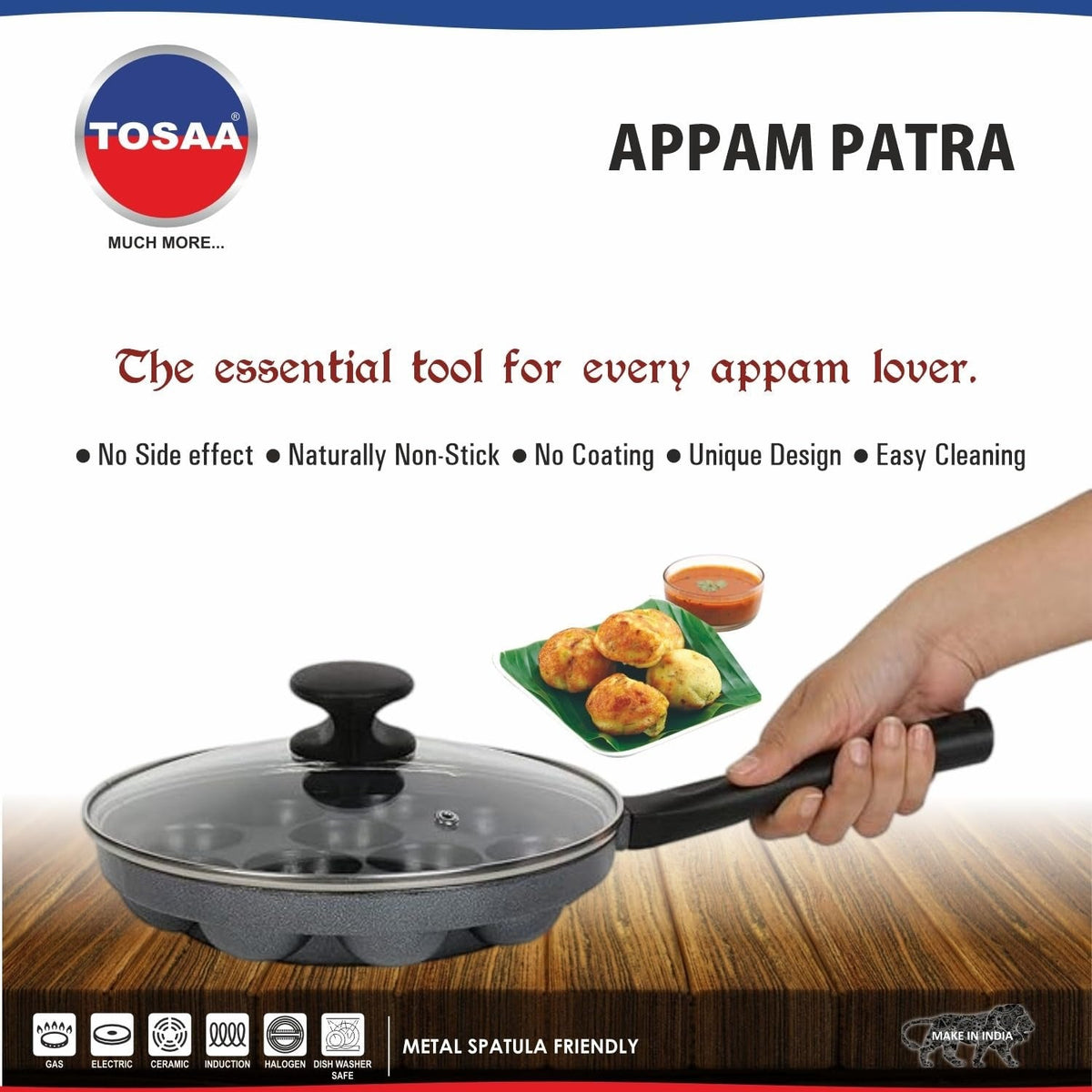 Tosaa Non-Stick Heavy Duty Aluminium 12 Cavity Appam Patra Paniyarakkal One Side Handle
