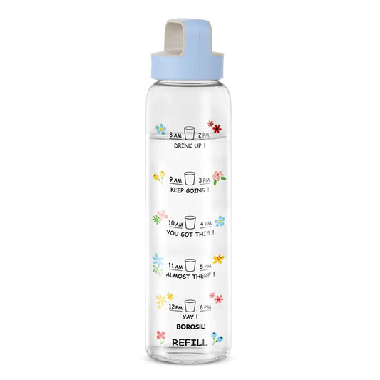 Borosil AM PM Glass Bottle with Husk Lid Blue