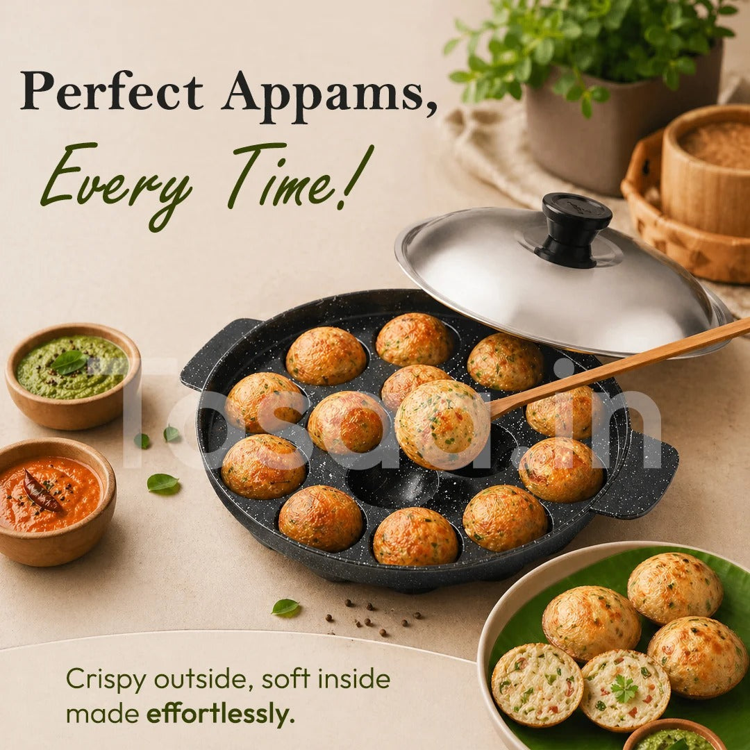 Tosaa Non-Stick Grill Appam 12-Cavity Designer with Stainless Steel Lid Gas Compatible
