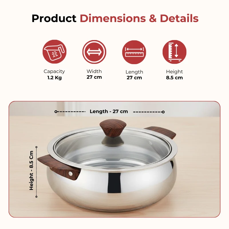 Vinod Stainless Steel Aroma Insulated Casserole with Glass Lid & Wooden Knob Set of 2 (750ml + 1250ml)