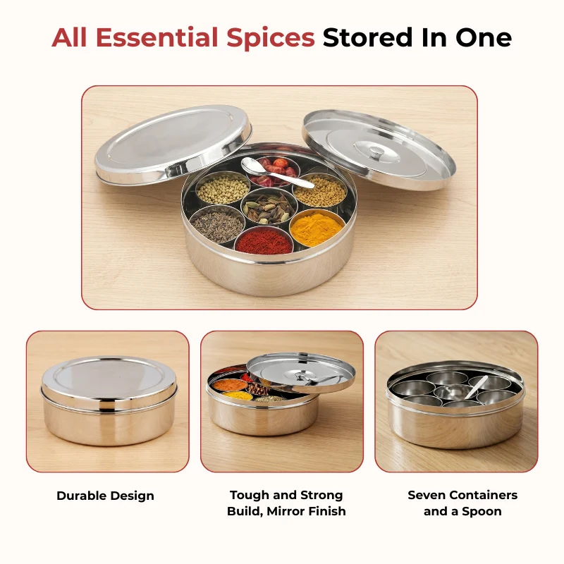 VINOD Stainless Steel Masala Dabba - Mirror Finish - 6.5 Inch (No.10)