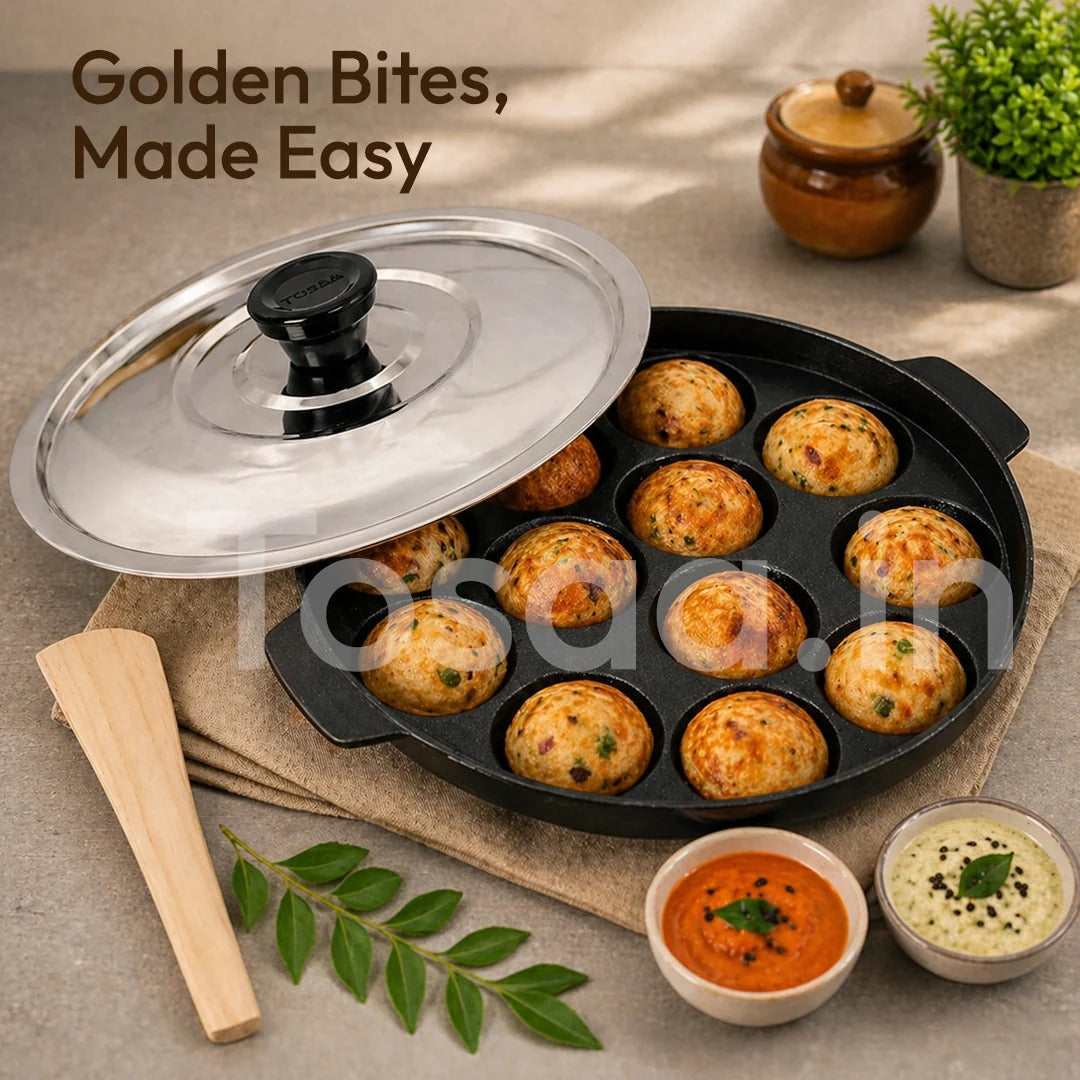 Tosaa Non-Stick 12-Cavity Appam Patra with Stainless Steel Lid - Black