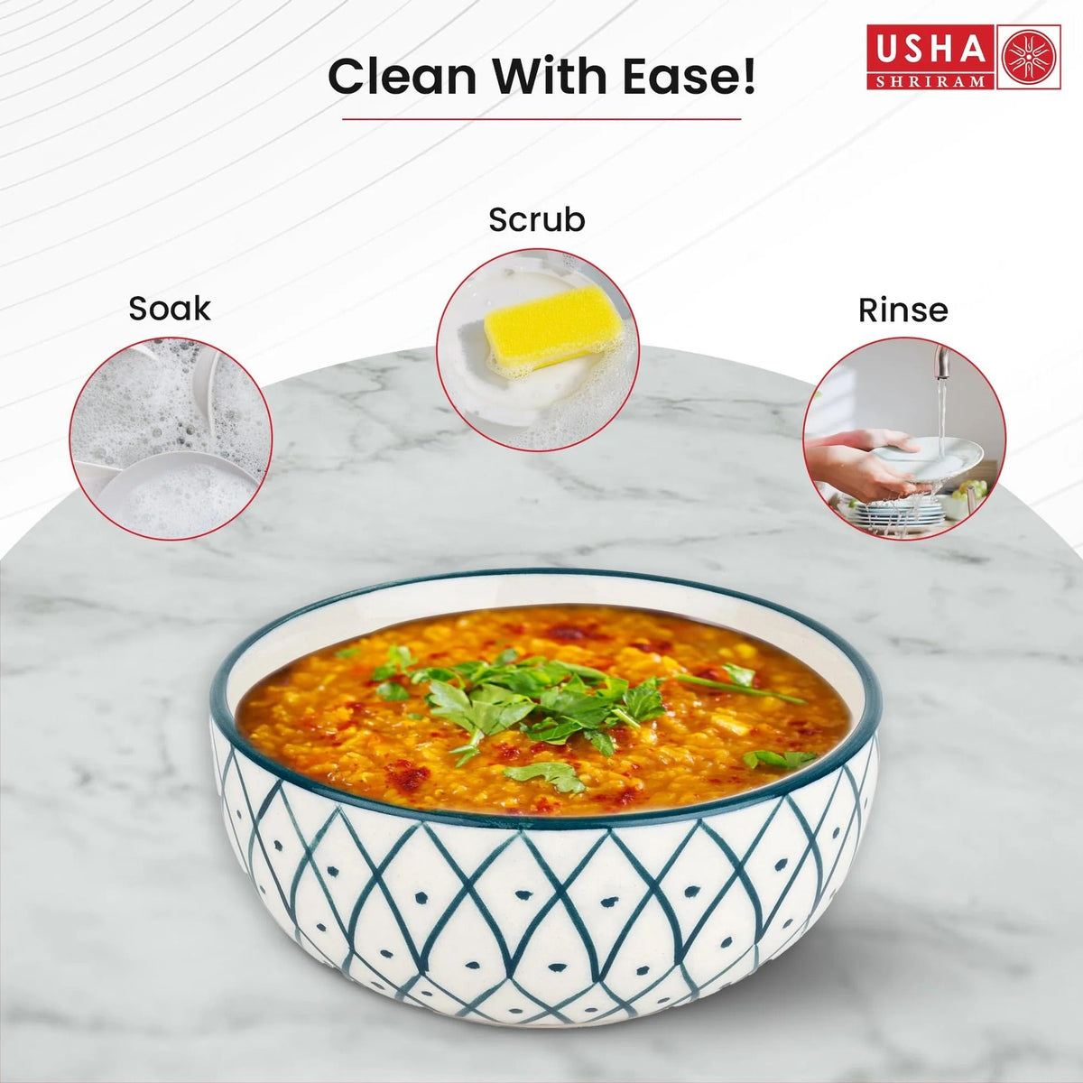 USHA SHRIRAM Ceramic Bowl for Snack Dinner 2pcs Design 2 Microwave Refrigerator Safe Scratch Resistant