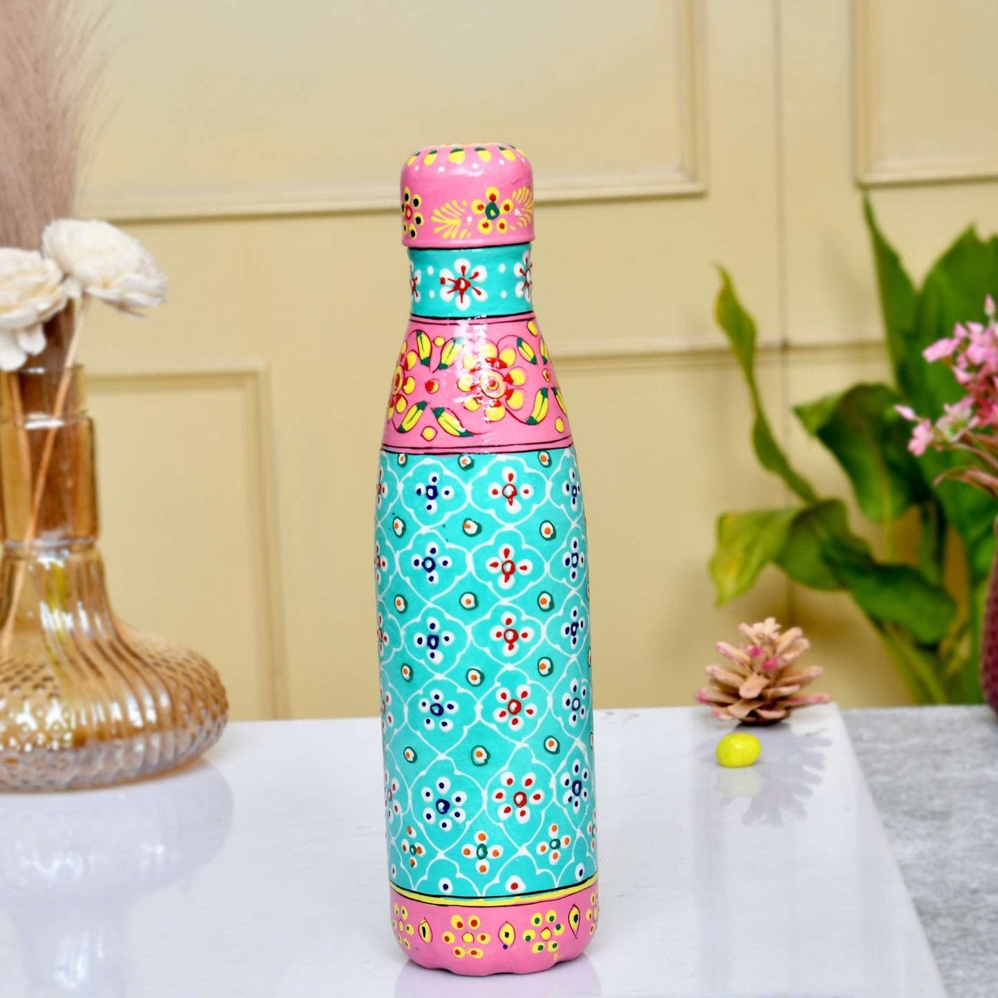 Premium Hand-Painted Pink & Teal Aluminium Water Bottle Flask with Floral Design