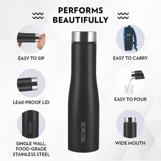 Borosil Swan Stainless Steel Single Wall Bottle Black