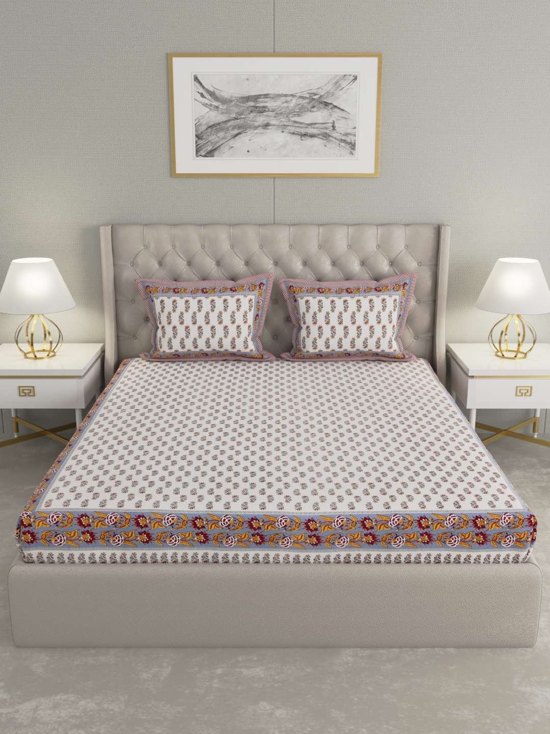 100% Pure Cotton Traditional Printed Bedsheet for Double Bed King Size Bedsheet with 2 Pillow Covers