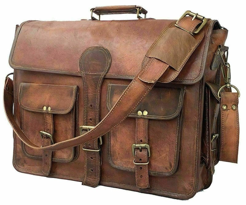 Craftshades – 11*15 Inch Double Pocket Handcrafted Vintage Messenger Goat Leather Bag For Men | 100% Genuine Leather